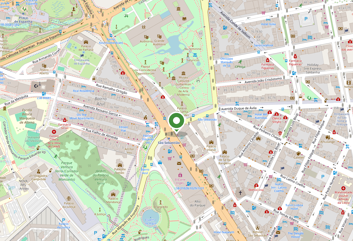 Mapa da localização da clínica, na Rua Marquês da Fronteira, 4C, junto ao São Sebastião, em Lisboa.
