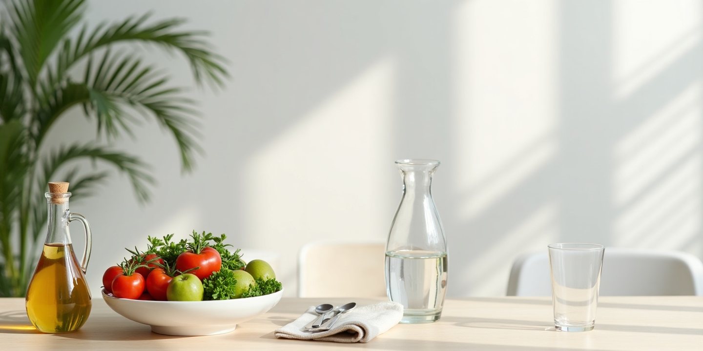 Legumes e fruta fresca numa taça, azeite e uma jarra de água sobre uma mesa de madeira clara