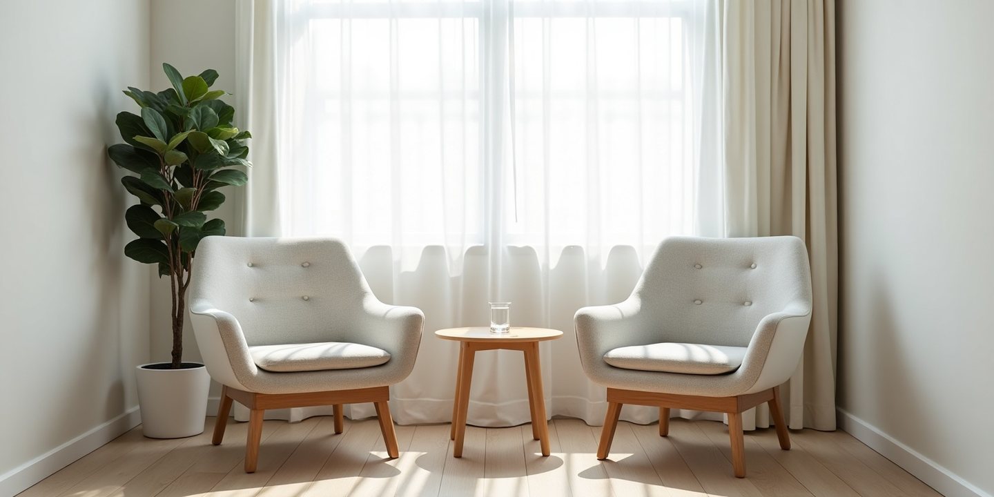 Duas poltronas voltadas uma para a outra junto a uma janela, num espaço tranquilo de consulta